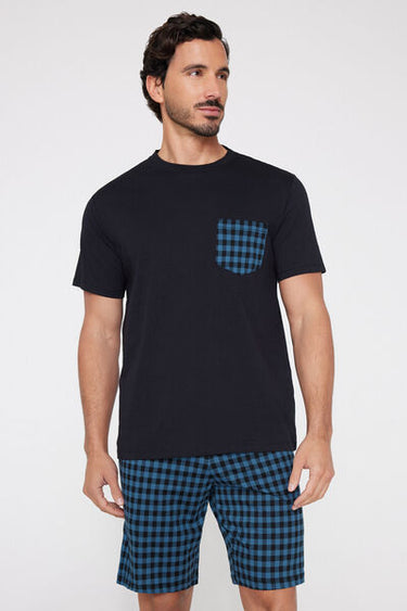 Short Checked Cotton Pyjamas with Pocket