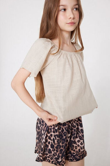 Linen-Look Cotton Canvas Top with Ruffle