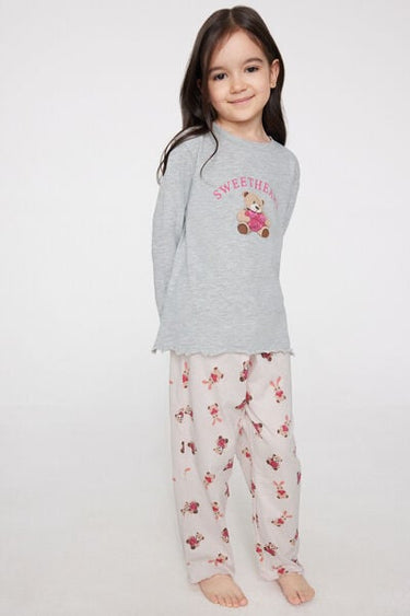 Girls’ Teddy Bear Print Cotton Long Pyjamas