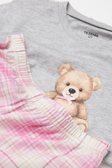 Girls' Teddy Print Long Cotton Pyjamas