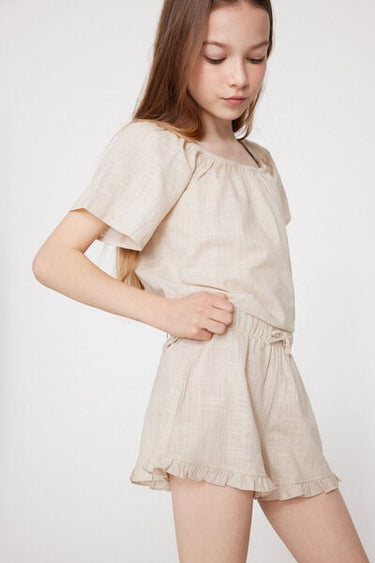 Girls’ Linen-Look Cotton Canvas Shorts with Ruffle